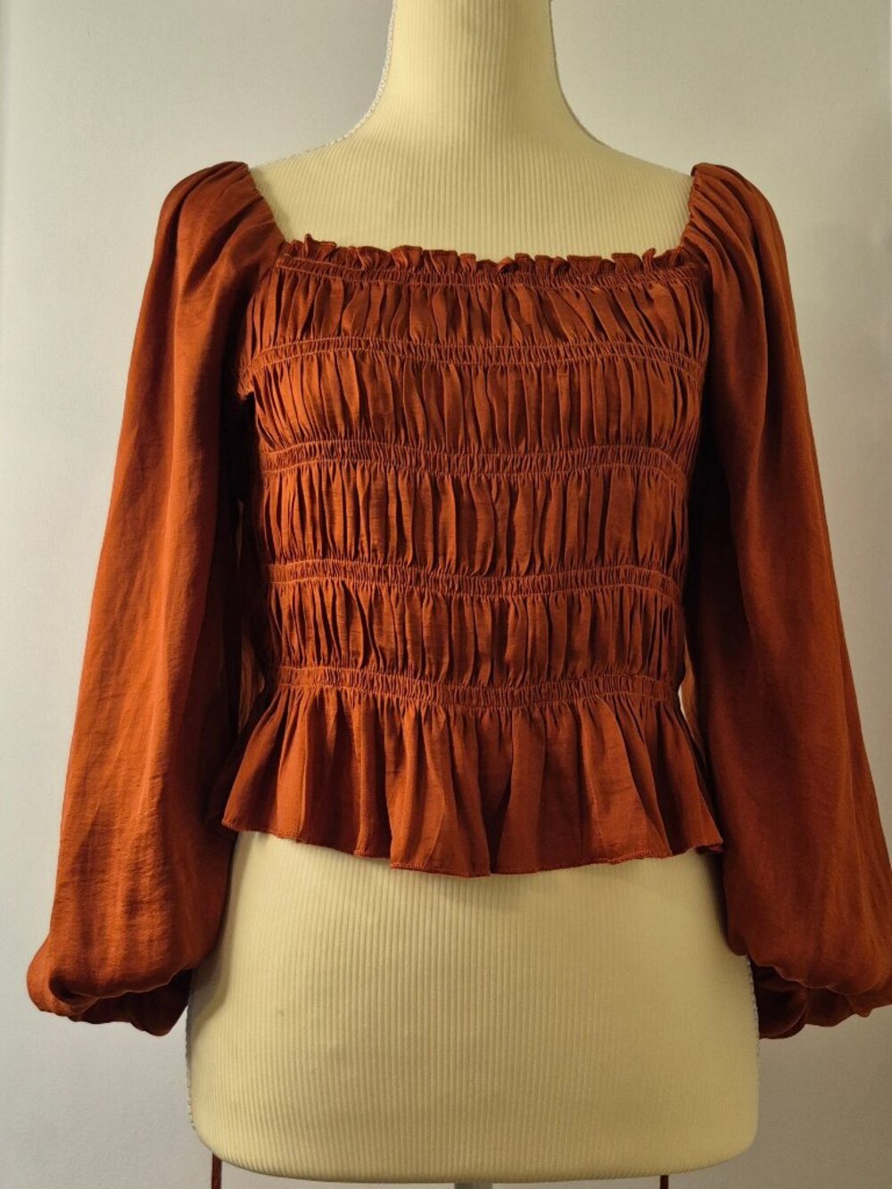 Smocked Puff Sleeve Blouse Top Rust Orange Square Neck Boho M Milkmaid Peasant